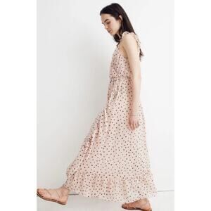 Madewell 00 Ruffle Strap Maxi Dress Pink Polka Dot Hourglass V Neck Sleeveless